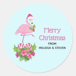 Sticker Rond Flamant rose rose à Santa Hat Noël Whimsical
