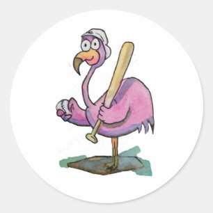 Sticker Rond Flamant rose rose baseball Whimsical Aquarelle