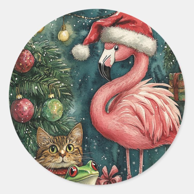 Sticker Rond Flamant rose rose Chat & Grenouille Noël tropical (Devant)