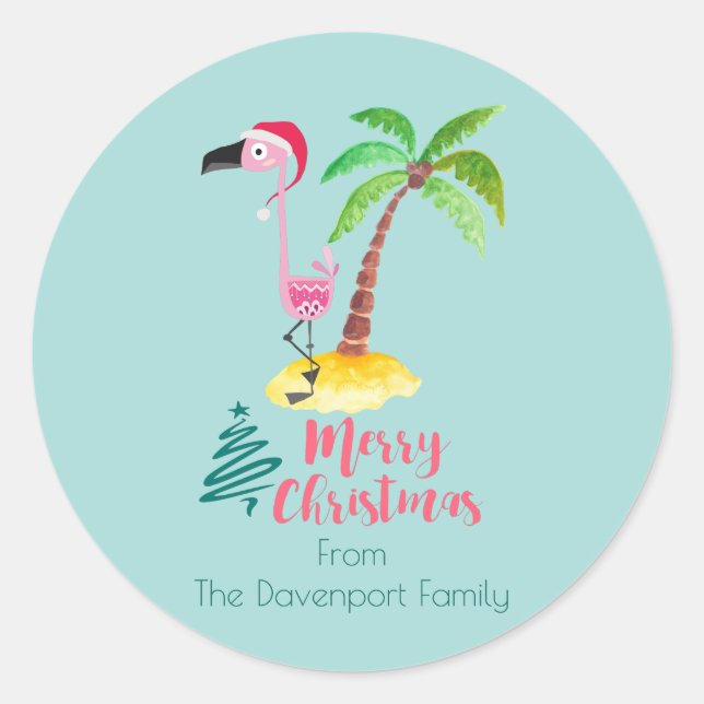 Sticker Rond Flamant rose Rose Dans Un Chapeau De Père Noël Par (Devant)
