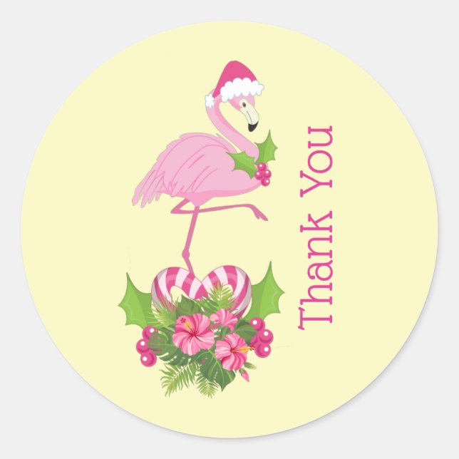 Sticker Rond Flamant rose rose en Merci lunaire de Santa Hat (Devant)
