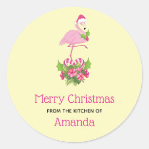 Sticker Rond Flamant rose rose en Santa Hat Whimsical Kitchen