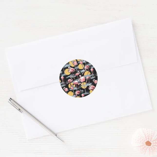 Sticker Rond Flamant rose rose et coucher de soleil | Tango tro (Enveloppe)