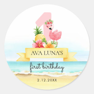Sticker Rond Flamant rose rose Fille d'été 1er anniversaire