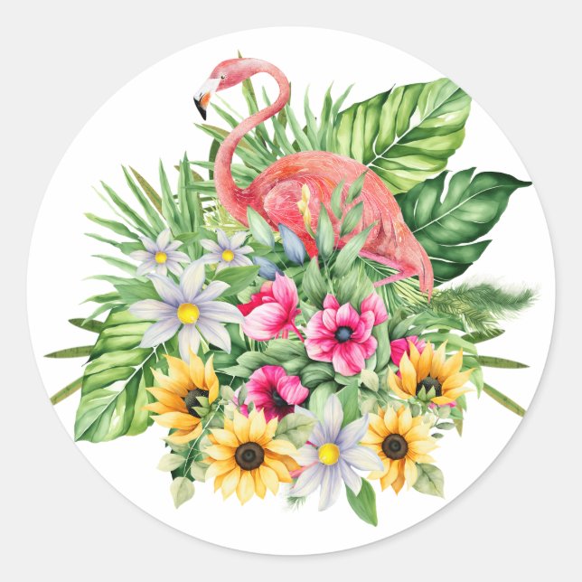 Sticker Rond Flamant rose rose & Fleurs tropicales (Devant)