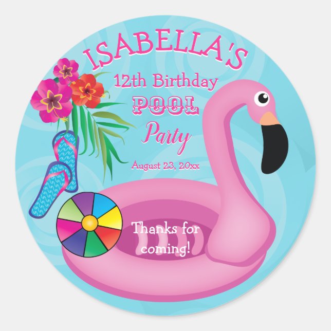 Sticker Rond Flamant rose Rose Floral 12e anniversaire Pool Par (Devant)