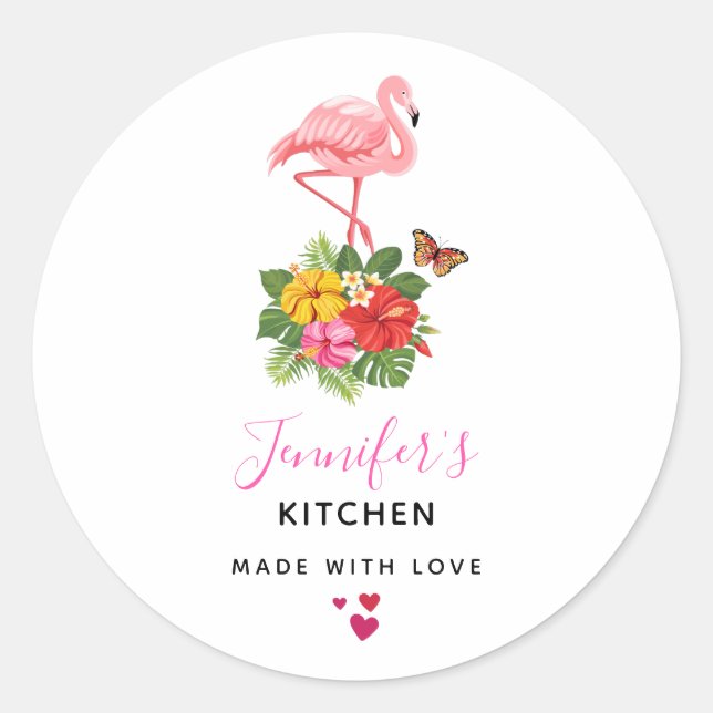 Sticker Rond Flamant rose rose & Hibiscus Tropical Cuisine soph (Devant)