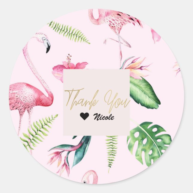 Sticker Rond Flamant rose rose Hibiscus tropical Plaisir floral (Devant)