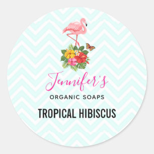 Sticker Rond Flamant rose rose & Hibiscus Tropical Savon fantai