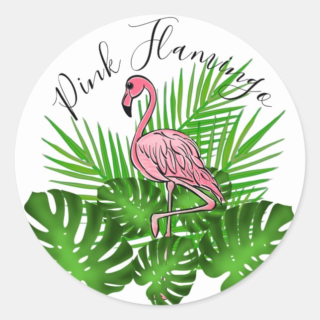Sticker Rond Flamant rose rose, jungle tropicale feuilles (Devant)