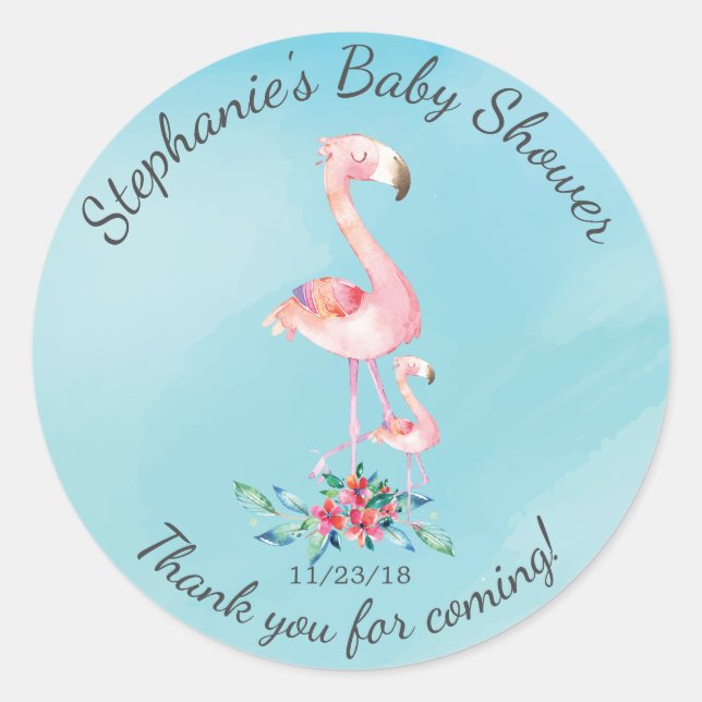 Sticker Rond Flamant rose rose Maman Baby shower Favoriser Stic (Devant)