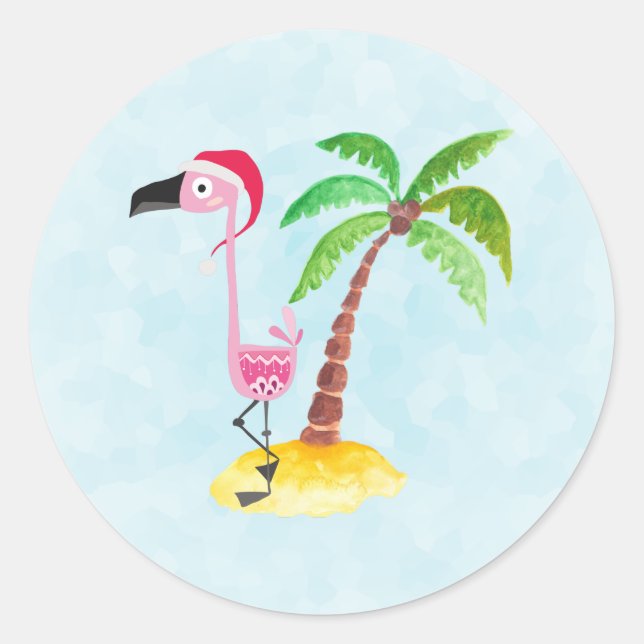Sticker Rond Flamant rose rose mignon dans un Noël tropical de  (Devant)
