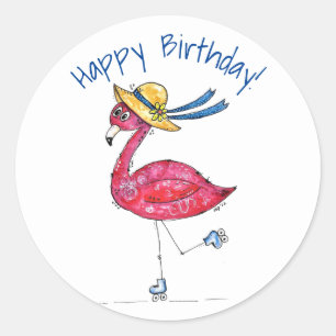 Sticker Rond Flamant rose rose mignon et capricieux sur les pat