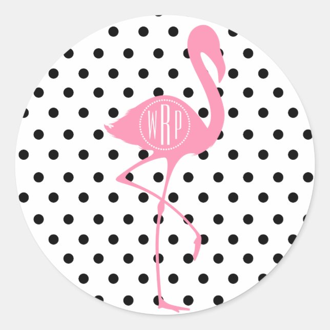 Sticker Rond Flamant rose rose monogramme + point noir Polka (Devant)