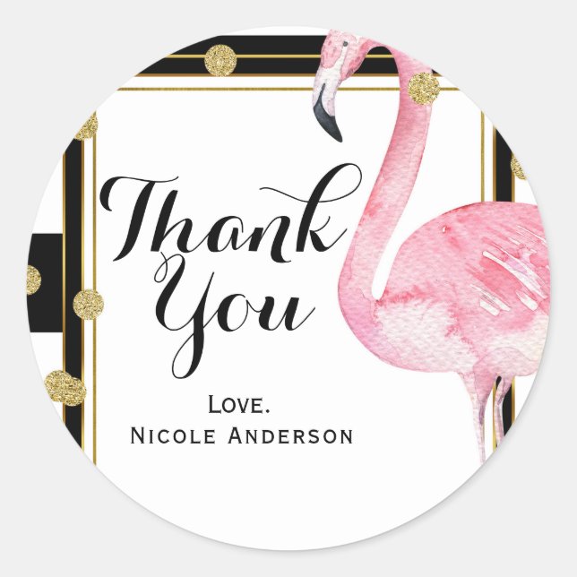 Sticker Rond Flamant rose rose Noir Blancs & Gold Confetti (Devant)