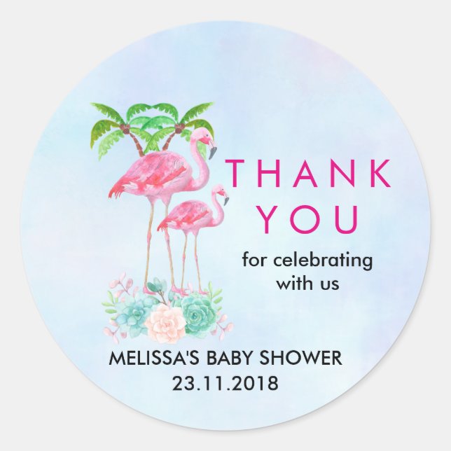 Sticker Rond Flamant rose rose Palmiers Baby shower Merci (Devant)