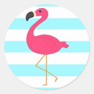 Sticker Rond Flamant rose rose sur rayures Turquoises claires