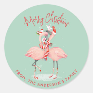 Sticker Rond Flamant rose rose tropical avec chapeau de Père No