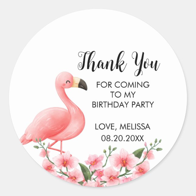 Sticker Rond Flamant rose rose Tropical Orchidée Anniversaire M (Devant)