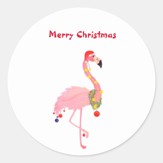 Sticker Rond Flamant rose Santa Hat Joyeux Noël Classic Round S (Devant)