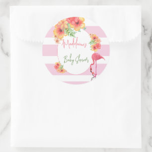 Sticker Rond Flamant rose tropical Baby shower en bande rose