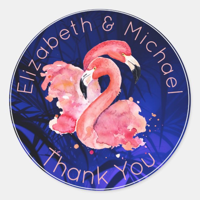 Sticker Rond Flamant rose tropical bleu rose Merci Favor (Devant)