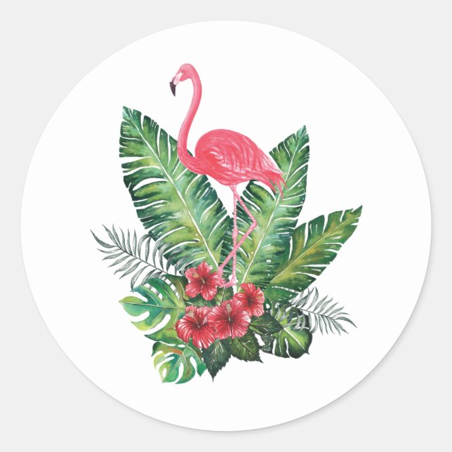Sticker Rond Flamant rose tropical feuille (Devant)