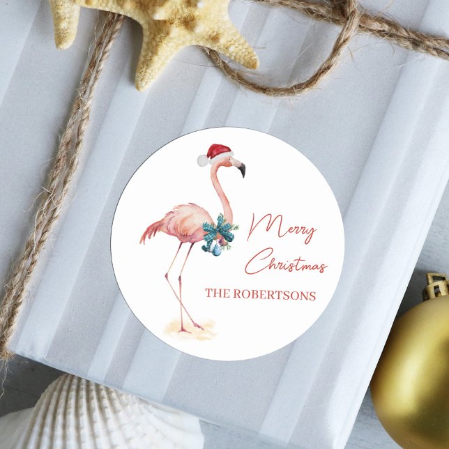 Sticker Rond Flamant rose tropical Joyeux Noël (Créateur téléchargé)