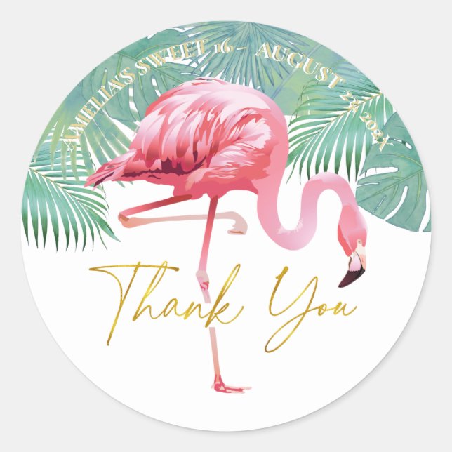 Sticker Rond Flamant rose tropical Palms Sweet 16 ID922 (Devant)