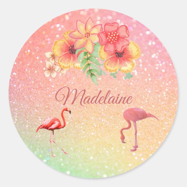 Sticker Rond Flamant rose tropical Parties scintillant Floral P (Devant)
