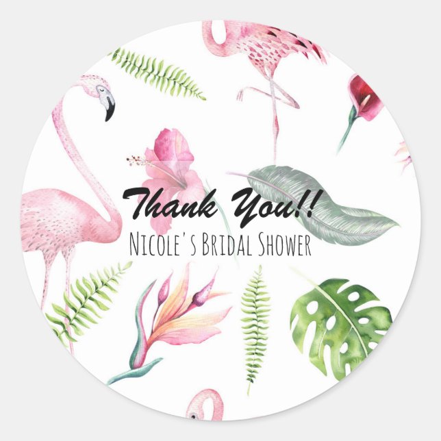 Sticker Rond Flamant rose Tropiques été Anniversaire Fête Favor (Devant)