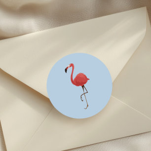 Sticker Rond Flamant Rose Tropiques Fond Bleu