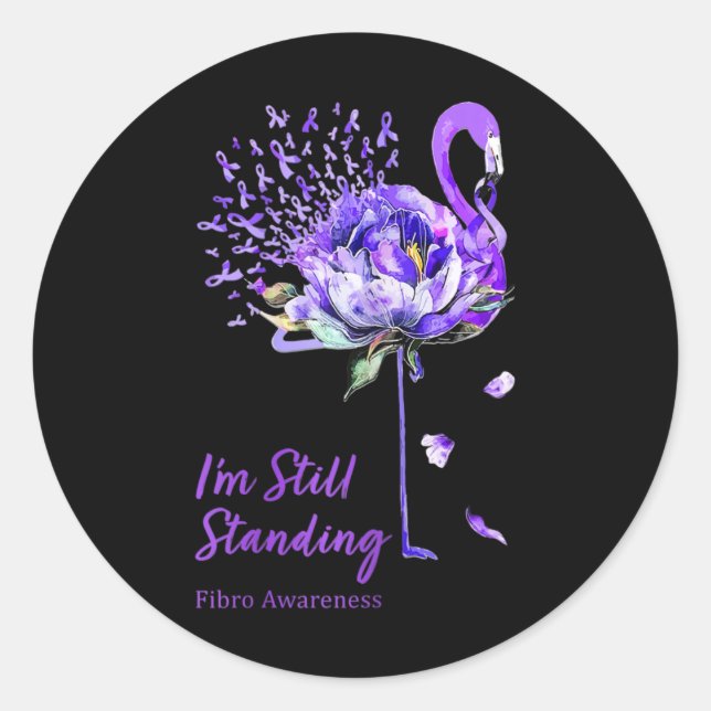 Sticker Rond Flamant rose Violet Ribbon Fibro Fibromyalgie Laur (Devant)