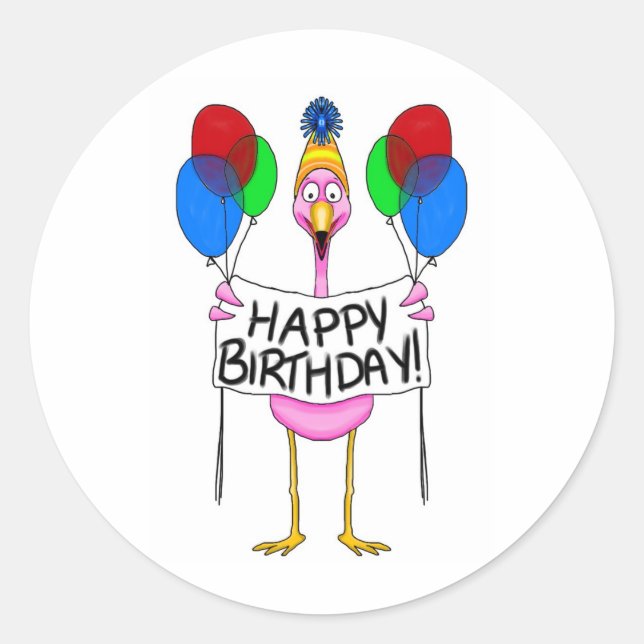 Sticker Rond Flamant rose Whimsical Joyeux Ballons d'Anniversai (Devant)