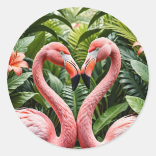 Sticker Rond Flamants en forme de cœur – Amour rose tropical