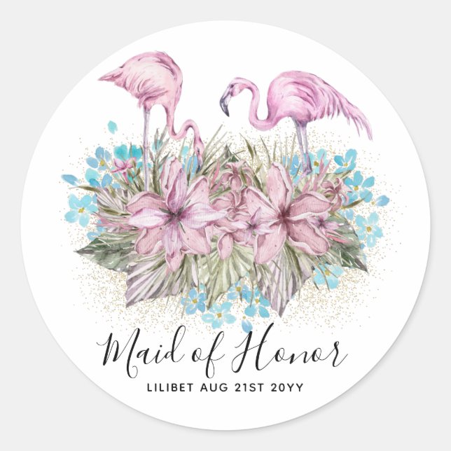 Sticker Rond FLAMANTS ROSES de cadeaux de la fête de la mariée (Devant)
