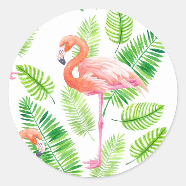 Sticker Rond Flamants roses et feuilles tropicaux (Devant)