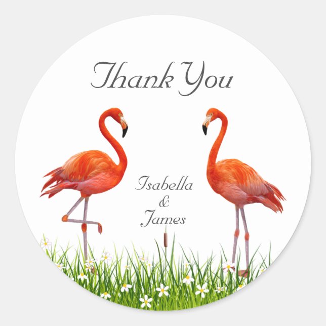 Sticker Rond Flamants roses & Fleurs Merci (Devant)