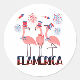 Sticker Rond Flamerica 4 juillet Flamant rose Amoureux Indépend