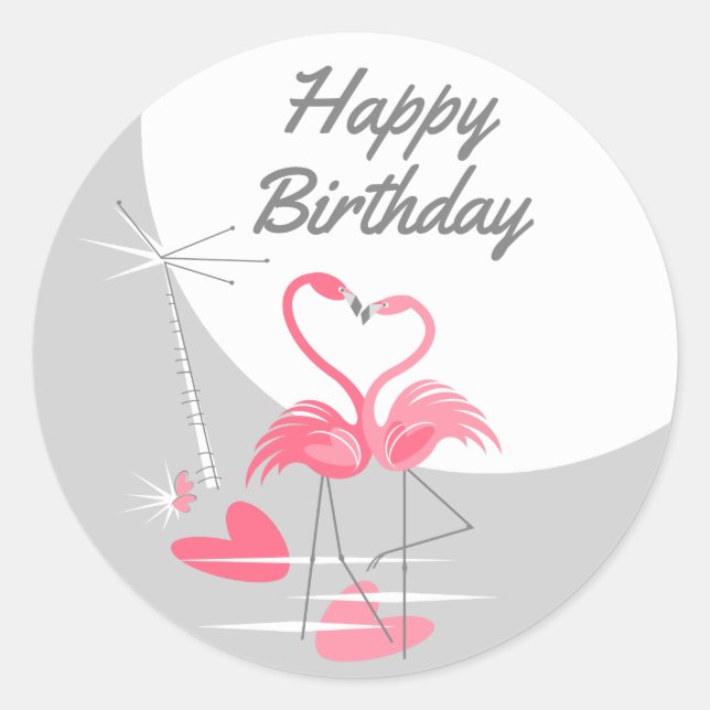Sticker Rond Flamingo Amour Grande Lune Bonne Anniversaire (Devant)