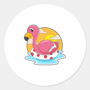 Sticker Rond Flamingo at Swimming with Lifebuoy