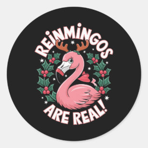 Sticker Rond Flamingo de Noël drôle de Renne Fêtes Joyeux Xm