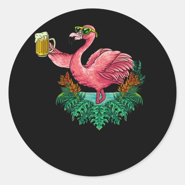 Sticker Rond Flamingo Drinking Beer Party (Devant)