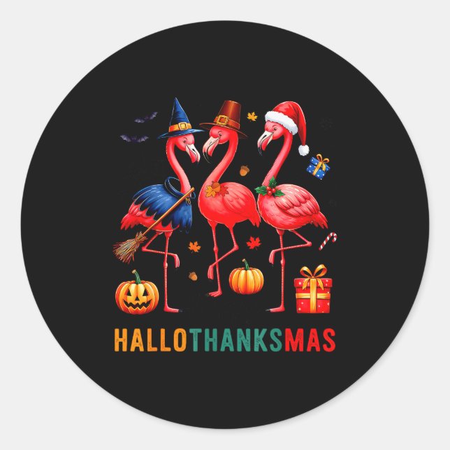 Sticker Rond Flamingo Happy Hallothanksmas Funny Halloween Than (Devant)