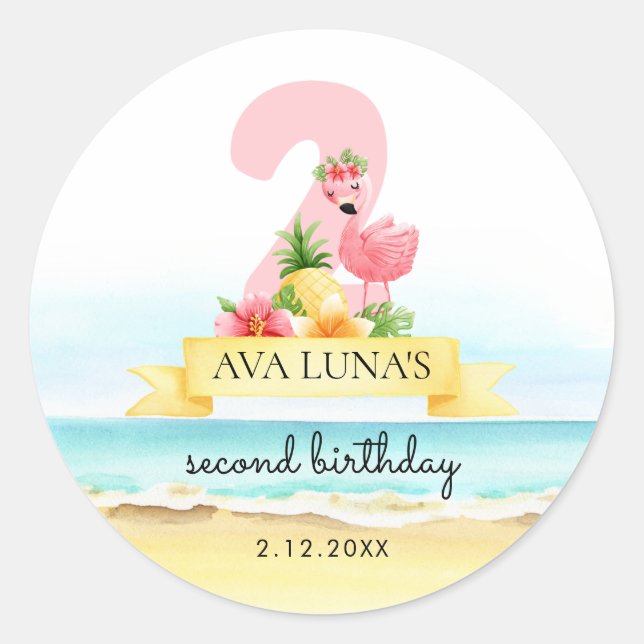 Sticker Rond Flamingo Rose Anniversaire 2ème (Devant)