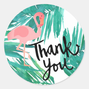 Sticker Rond flamingo rose merci à vous, feuilles tropicaux