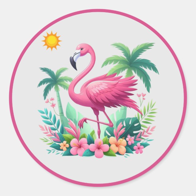 Sticker Rond Flamingo rose tropicale/Floride (Devant)