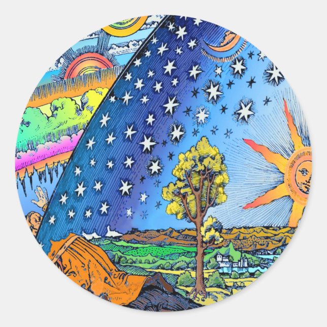 Sticker Rond Flammarion Woodcut Flat Earth Design Carré COULEUR (Devant)
