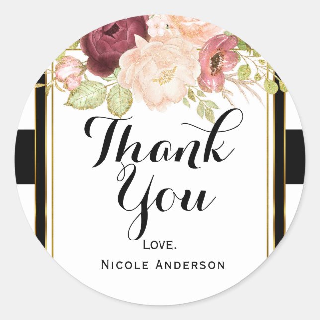 Sticker Rond Flamme Florale moderne Noir Blanc Bande Chic Favor (Devant)