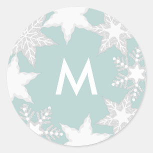 Sticker Rond Flammes de neige congelées Fête Monogramme bleu cl